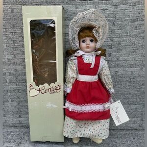 Heritage Doll Collector’s Doll Porcelain Music Box Red Floral Dress With Apron